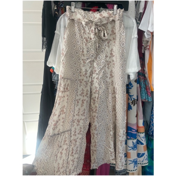 Bohemian Boho Style Black & Multicolor Floral Print Elastic Waist Wide Leg Pant